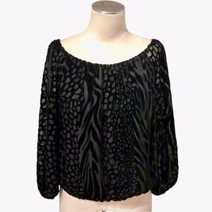 Alice + Olivia Women' s Top Velvet Blouse Off Shoulder Black Animal Print